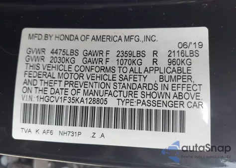 2019 Honda Accord Sport from USA, damaged, VIN 1HGCV1F35KA128805
